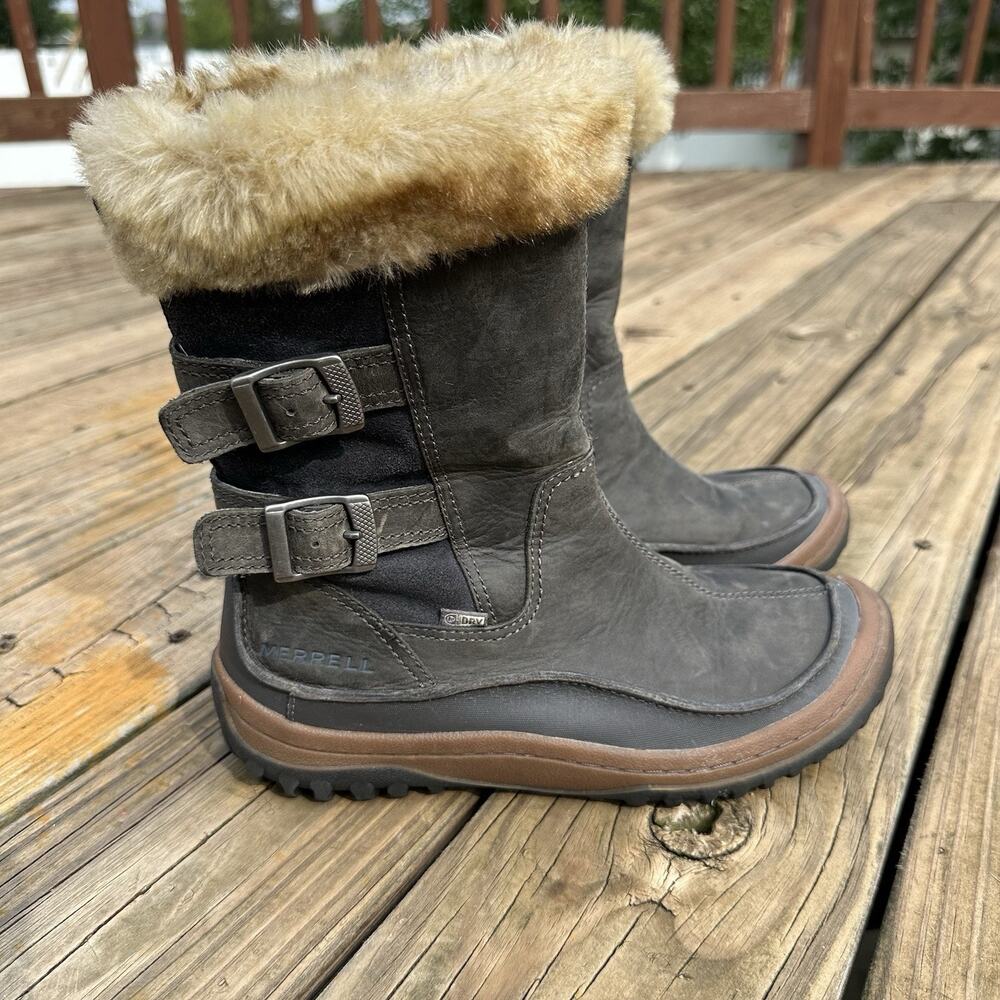 Merrell Boot Women Sz 7.5 Decora Chant Brown Gray Zip Faux Fur Waterproof Snow